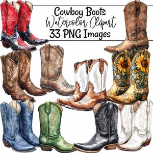 Pode incluir: Clipart em aquarela de várias botas de cowboy em diferentes cores e designs. As botas incluem vermelho, preto, marrom, azul, verde e branco. Algumas botas têm padrões florais, enquanto outras são lisas. O texto "Cowboy Boots Watercolor Clipart" é visível.