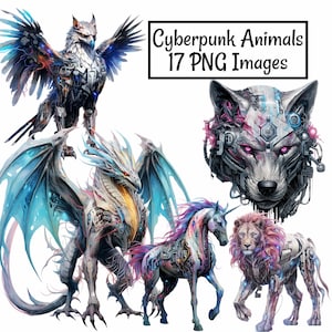 Cyberpunk Animals Clipart Digital Downloads, 17 Watercolor Science Fiction Futuristic Cybernetic AI Life Dragon Unicorn Tiger Lion Bear