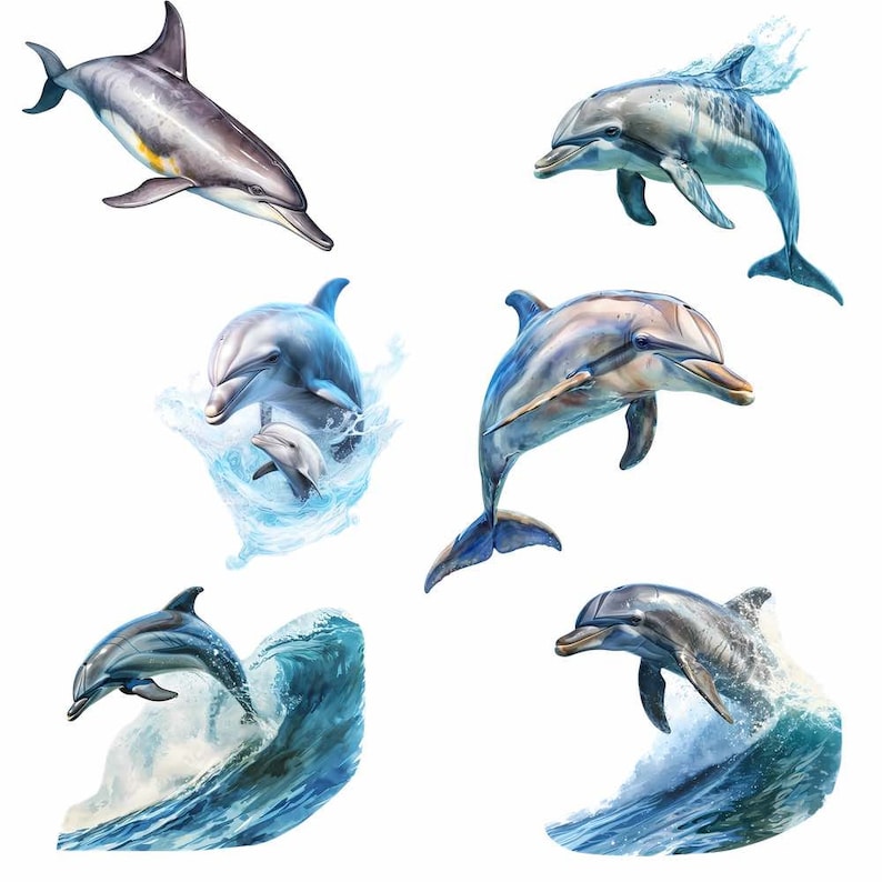 May include: Six dolphins leaping out of the water. The dolphins are gray and blue with white markings. Some of the dolphins are jumping over waves.