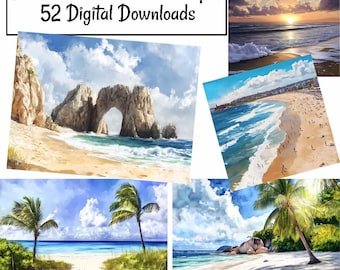 Paisaje de playa, descargas digitales, clipart, acuarela, paisaje marino, océano, surf, mar, lugares famosos, olas de verano, paisaje, naturaleza tropical