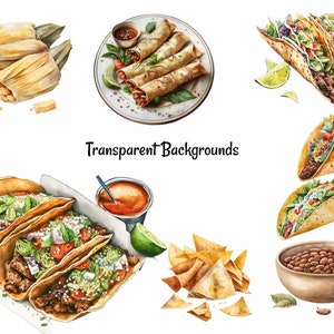 Pode incluir: Uma ilustra&ccedil;&atilde;o em aquarela de v&aacute;rios alimentos mexicanos, incluindo tacos, tamales, chips de tortilla, feij&atilde;o e molho. A ilustra&ccedil;&atilde;o est&aacute; sobre um fundo branco.