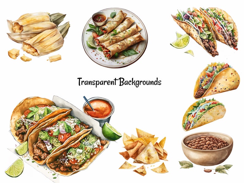 Pode incluir: Uma ilustra&ccedil;&atilde;o em aquarela de v&aacute;rios alimentos mexicanos, incluindo tacos, tamales, chips de tortilla, feij&atilde;o e molho. A ilustra&ccedil;&atilde;o est&aacute; sobre um fundo branco.