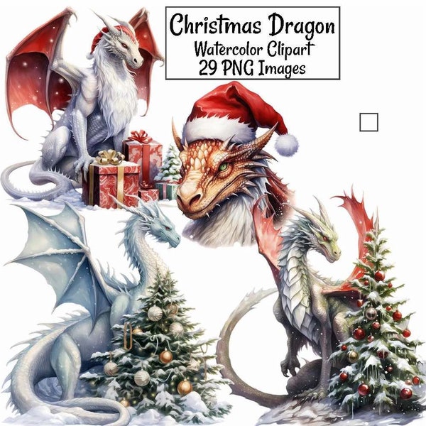 Christmas Dragon Large Watercolor Clipart Bundle Digital Downloads, 29 Winter Holiday Santa Serpent Fantasy Mythology Transparent Background