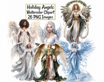 Holiday Angel Watercolor Clipart Digital Downloads, 26 Christmas Winter Holiday Archangel, Cards Scrapbooking  Transparent Background