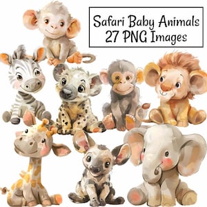 Baby Safari Animals Clipart , 27 Africa Kids Nursery Wildlife Watercolor Digital Downloads, Cute Jungle Babies, Savannah Portrait Art