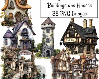 May include: A collection of 38 fantasy medieval town buildings and houses, illustrated in a whimsical style. The images include a stone tower, a cottage with a thatched roof, a pub called "Black Pig", and a street scene with a bridge over a river.