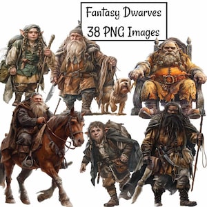 Fantasy dwerg aquarel clipart, 38 RPG fantasy folklore sprookje, dwergen DnD karakter dorpeling gaming, transparante achtergrond, PNG