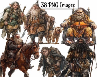 Fantasy Dwarf Watercolor Clipart, 38 RPG Fantasy Folklore Fairy Tale, Dwarves DnD Character Villager Gaming, Transparent Background PNG