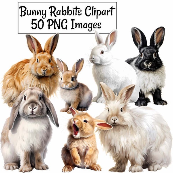 Bunny Clipart,  Watercolor Bundle Digital Downloads, 50 Easter Rabbit Overlay Art Wildlife Woodland Animal, Lop Ear Bunnies, Cute Animal Art