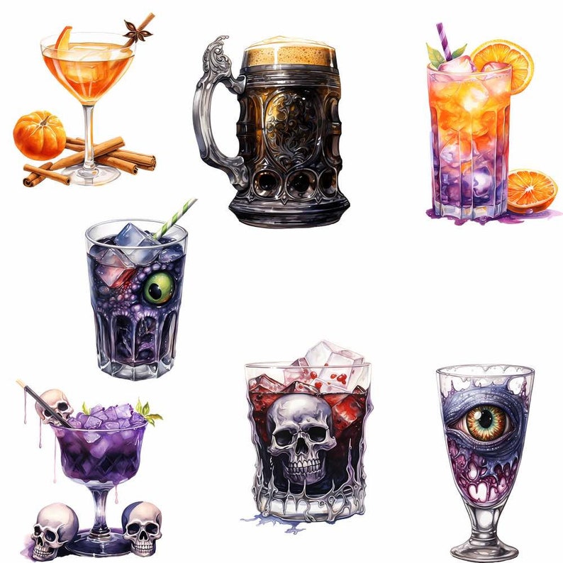 Pu&ograve; includere: Una collezione di sei cocktail diversi, ognuno con un design unico e inquietante. I cocktail sono in diversi bicchieri, tra cui una boccale, un bicchiere da martini e un calice. I cocktail sono decorati con teschi, bulbi oculari e altri elementi inquietanti.