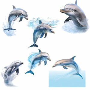 May include: Six gray and white dolphins leaping out of the water. The dolphins are in various poses, some are jumping, some are swimming, and some are breaching. The water is blue and there are white splashes.