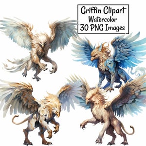 Descargas digitales de imágenes prediseñadas de acuarela de grifo, 30 superposiciones de rol, animales de fantasía, león, águila, criaturas mitológicas, uso comercial