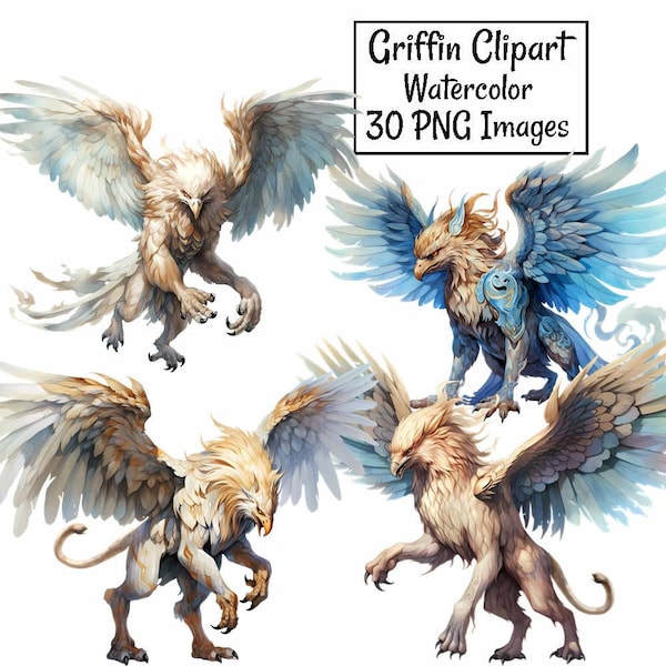 Griffin Gryphon Watercolor Clipart Digital Downloads, 30 Overlay Fantasy Animal Lion Eagle Mythological Creature, Commercial Use Transparent