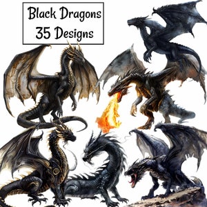 May include: A collection of 35 black dragon designs. The dragons are depicted in various poses, with some breathing fire and others with wings spread wide. The dragons are all black with some gold accents.