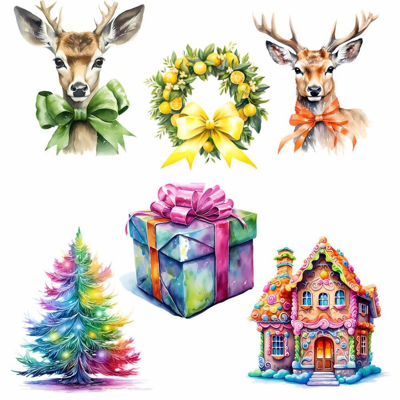 May include: A watercolor illustration of a Christmas scene with a colorful Christmas tree, a gingerbread house, a gift box with a pink bow, a wreath with lemons and a yellow bow, and two deer with red and orange bows.