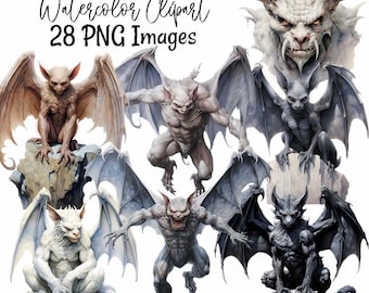 Gargoyle Clipart Watercolor Digital Download Grotesque Architecture Fantasy Winged Protector Creature Magical Medieval Demon Gothic Gargoyle