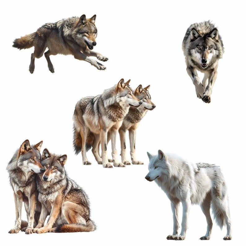 May include: A group of five grey wolves in various poses. One wolf is jumping in the air, another is standing on its hind legs, and the other three are standing on all fours. The wolves are all looking at the camera.