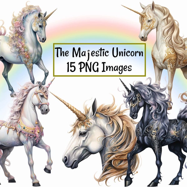 Watercolor Unicorn clipart Digital Downloads, 15 Majestic Magic Horse Fantasy Carousel Ornate Animal Fairy Tale Gold Rainbow Overlay