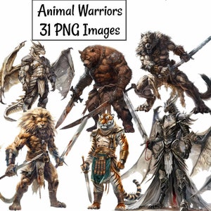 以下が含まれることがあります： 6体のファンタジー動物戦士のセット。それぞれユニークなデザインで、剣を持っています。戦士は、ドラゴン、クマ、オオカミ、ライオン、トラ、ドラゴンのような頭と翼を持つ生き物です。画像は「Animal Warriors 31 PNG Images」というタイトルです。