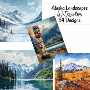 Alaska Landscape Digital Download Tundra Mountain Watercolor Art Alaska Snow Winter Illustration Glacier Background Backdrop Seascape
