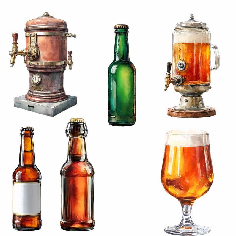 Beer Clipart Alcohol Digital Downloads Drinks Watercolor Bartender Overlay Beer bottles Lager Hops PNG Can Images Beverage Bar Distillery image 12