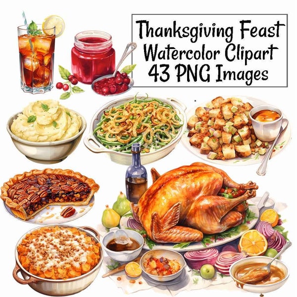 Thanksgiving Dinner Feast Huge Watercolor Clipart Bundle Digital Downloads, 43 Food Beverage Kitchen Cooking Turkey Transparent Background