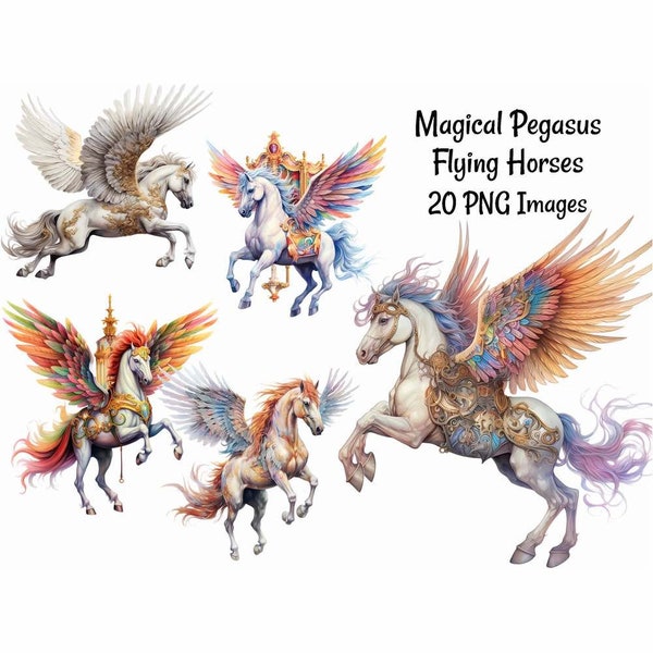 Magical Pegasus Flying Winged Horses Clipart Watercolor Digital Downloads, 20 Magic  Fantasy Carousel Ornate Animal Fairy Tale Overlay