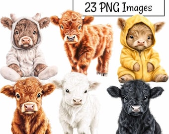 Baby Highland Cow Clipart Watercolor Digital Downloads Illustration Hairy Scottish Cow Calf Farm Animal Prints Farmhouse Overlay Commercial