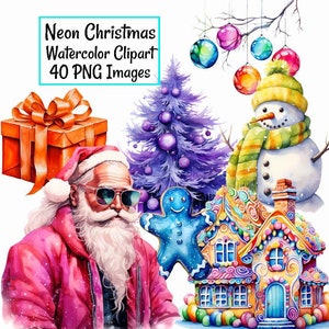 May include: A watercolor illustration of a Christmas scene with a gingerbread house, a snowman, a purple Christmas tree, a gingerbread man, a gift, and Santa Claus wearing sunglasses. The illustration is in a neon color palette.