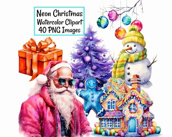 Bright Colorful Christmas Clipart, 40 Neon Watercolor Large Set  Digital Downloads,  Colors Holiday Winter Noel, Pink Yellow Purple