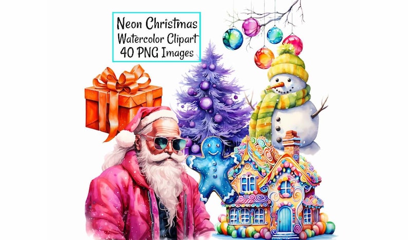 May include: A watercolor illustration of a Christmas scene with a gingerbread house, a snowman, a purple Christmas tree, a gingerbread man, a gift, and Santa Claus wearing sunglasses. The illustration is in a neon color palette.
