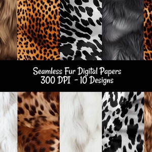 Fur Animal Skin Seamless Digital papers, 10 Textures Real Realistic, Download Printable For Commercial Use, Leopard Cow Wolf , White Black