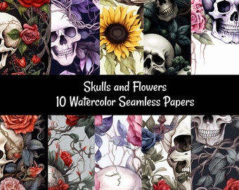 Skulls and Flowers Watercolor Pattern Seamless Digital papers, 10 Gothic Goth Rose Sunflower Thorns  Download Printable Commercial Use