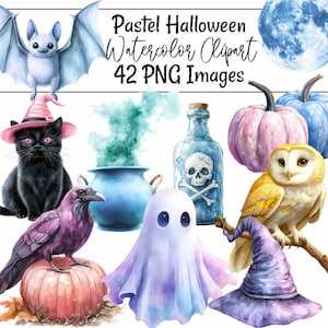 Pastel Halloween Watercolor Clipart Pink Spooky Ghost Digital Downloads Cute Trick or Treat Pumpkin Halloween Illustration Art Cat Raven