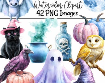 Pastel Halloween Watercolor Clipart Pink Spooky Ghost Digital Downloads Cute Trick or Treat Pumpkin Halloween Illustration Art Cat Raven