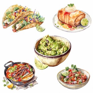 Pode incluir: Uma ilustra&ccedil;&atilde;o em aquarela de uma variedade de pratos de comida mexicana, incluindo tacos, burritos, guacamole, salsa e fajitas de carne. Os pratos est&atilde;o dispostos em pratos e tigelas brancas, com algumas guarni&ccedil;&otilde;es como limas e coentro.