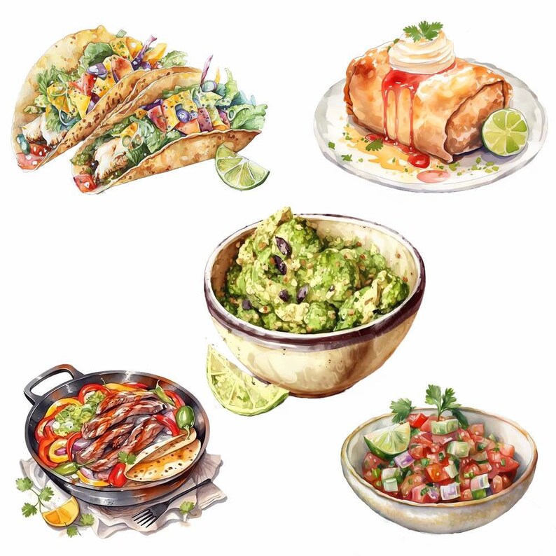 Pode incluir: Uma ilustra&ccedil;&atilde;o em aquarela de uma variedade de pratos de comida mexicana, incluindo tacos, burritos, guacamole, salsa e fajitas de carne. Os pratos est&atilde;o dispostos em pratos e tigelas brancas, com algumas guarni&ccedil;&otilde;es como limas e coentro.