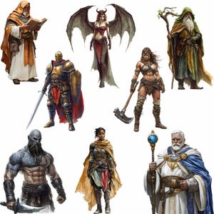 May include: A group of fantasy characters, including a warrior in armor, a woman with wings, a wizard with a staff, a barbarian with an axe, a cleric with a book, and a warrior with a sword.