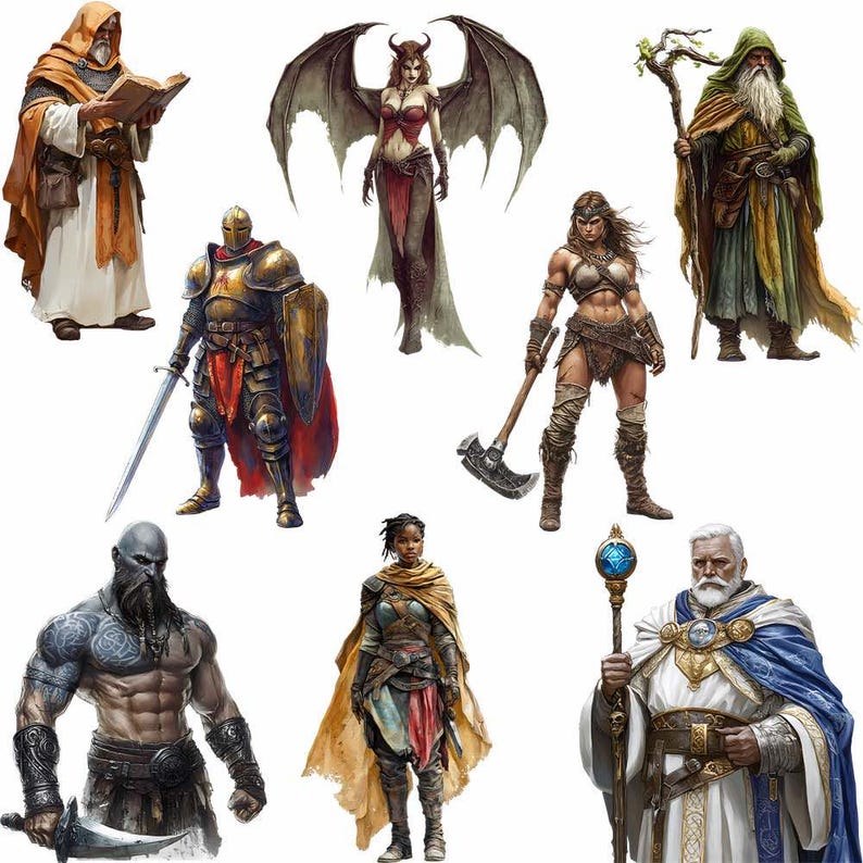 May include: A group of fantasy characters, including a warrior in armor, a woman with wings, a wizard with a staff, a barbarian with an axe, a cleric with a book, and a warrior with a sword.