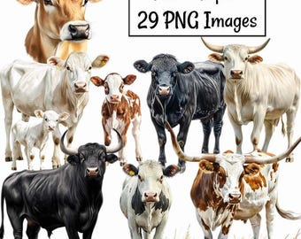 Zestaw akwarelowych clipartów z bydłem, krowa, byk, jałówka, byk, cielę, wół, zwierzęta, wydruki cyfrowe, pobieranie, stodoła, rodeo, bydło, zwierzęta gospodarskie