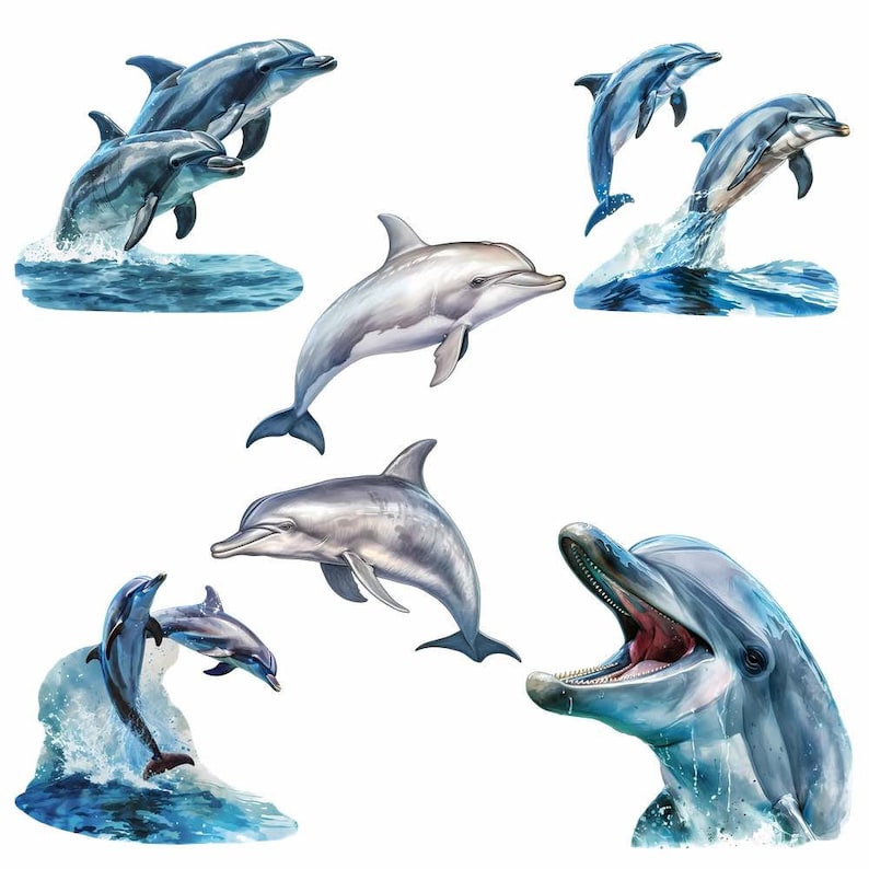 May include: A collection of seven gray and white dolphins leaping out of the water. The dolphins are in various poses, some with their mouths open, some with their fins raised, and some with their tails in the air. The water is a light blue color and there are white splashes of water around the dolphins.