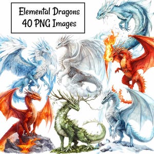 May include: A digital illustration of seven elemental dragons. The dragons are depicted in various poses, with their wings spread out and their tails curled. The dragons are colored in shades of blue, white, red, green, and orange, representing the elements of water, air, fire, earth, and light. The image is titled "Elemental Dragons 40 PNG Images".