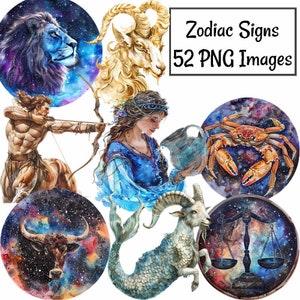 Zodiac Signs Watercolor Clipart, 52 PNG Astrology Horoscope Symbols Digital Downloads, Chart Elements Magic Fire Earth Air Water Star Sign