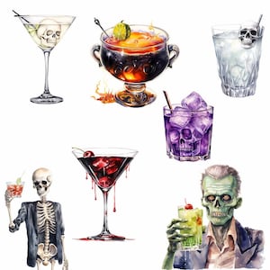 Pu&ograve; includere: Un set di sei illustrazioni ad acquerello di cocktail con teschi e altri dettagli inquietanti. I cocktail includono un martini, una ciotola di punch, un highball, un cocktail, un bicchierino e una margarita.