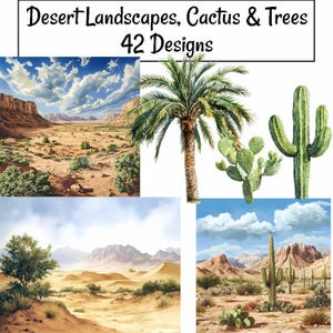 Wüste Landschaft Digitale Downloads, 42 Clipart Aquarell Western Szene, Landschaft Natur Baum Kaktus, Arizona Mexiko Arabische Sahara Gobi Namib
