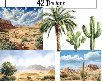 Desert Landscape Digital Downloads Clipart Watercolor Western Scene, Scenery Nature Tree Cactus, Arizona Mexico Arabian Sahara Gobi Namibia
