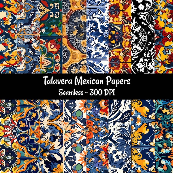 Mexican Talavera Tile Seamless Digital papers, 20 Mexico Spanish Colorful Cinco De Mayo Instant Fiesta Download Printable For Commercial Use