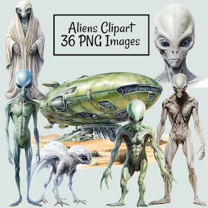Alien Big Set Clipart Digital Downloads, 36 Watercolor Planet Spaceship UFO UAP Alien Animals landscapes, Commercial use PNG Large files
