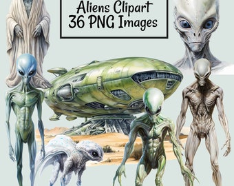 Descargas digitales de imágenes prediseñadas de grandes conjuntos de extraterrestres, 36 paisajes de animales extraterrestres, planetas, naves espaciales, ovnis y UAP en acuarela, archivos PNG de gran tamaño para uso comercial