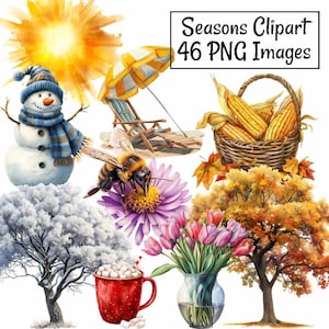 Seasons Watercolor Clipart Seasonal Digital Download Winter Autumn Summer Spring PNG Files Nature Illustrations Year round Weather Clipart